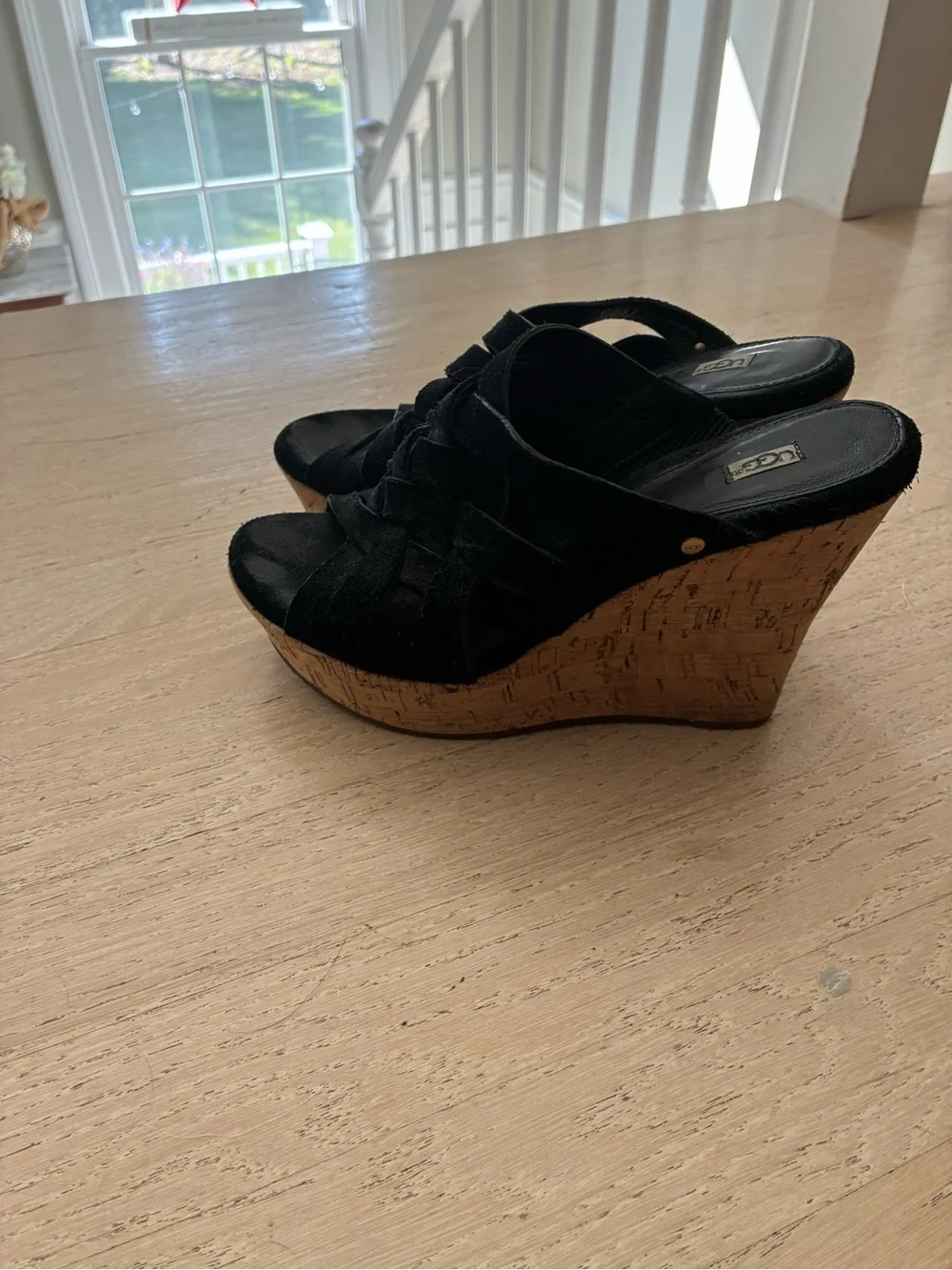UGG Black Suede Cork Wedge Sandals